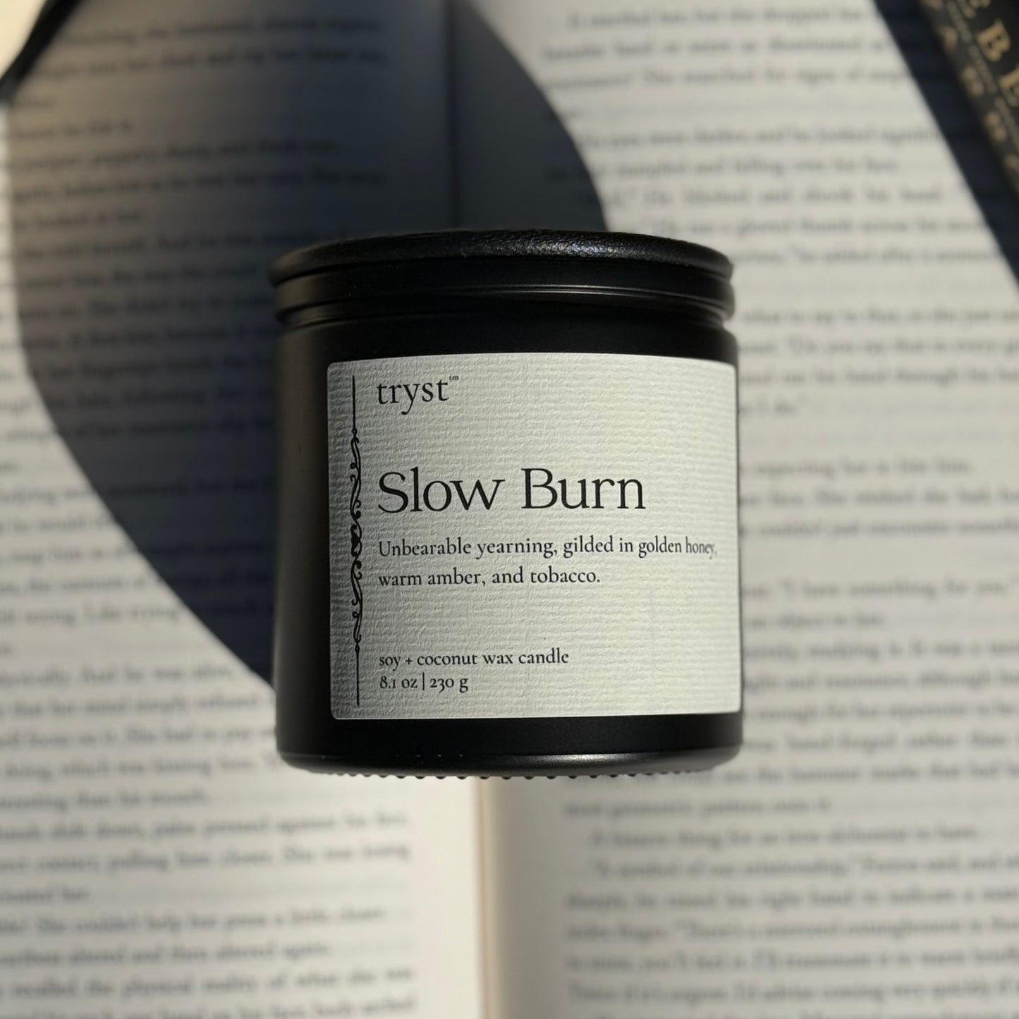 Slow Burn candle by Tryst Candle House - honey, amber, and tobacco book-inspired candle for slow-burn romance readers.