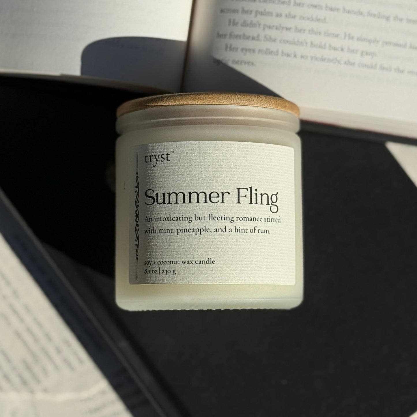 Summer Fling candle by Tryst Candle House - pineapple, mint, and rum scent, book-inspired candle for romance readers.