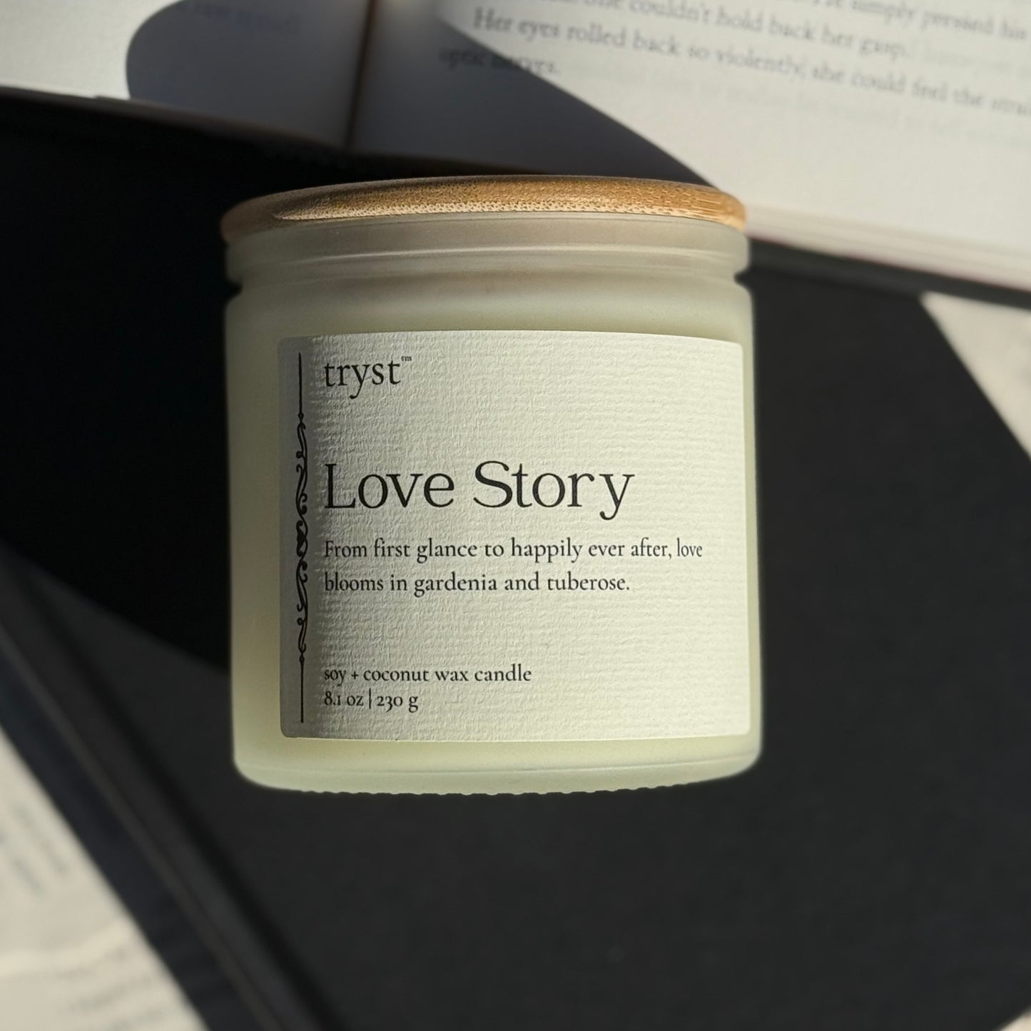 Love Story candle by Tryst Candle House - gardenia and tuberose book-inspired candle for romance readers