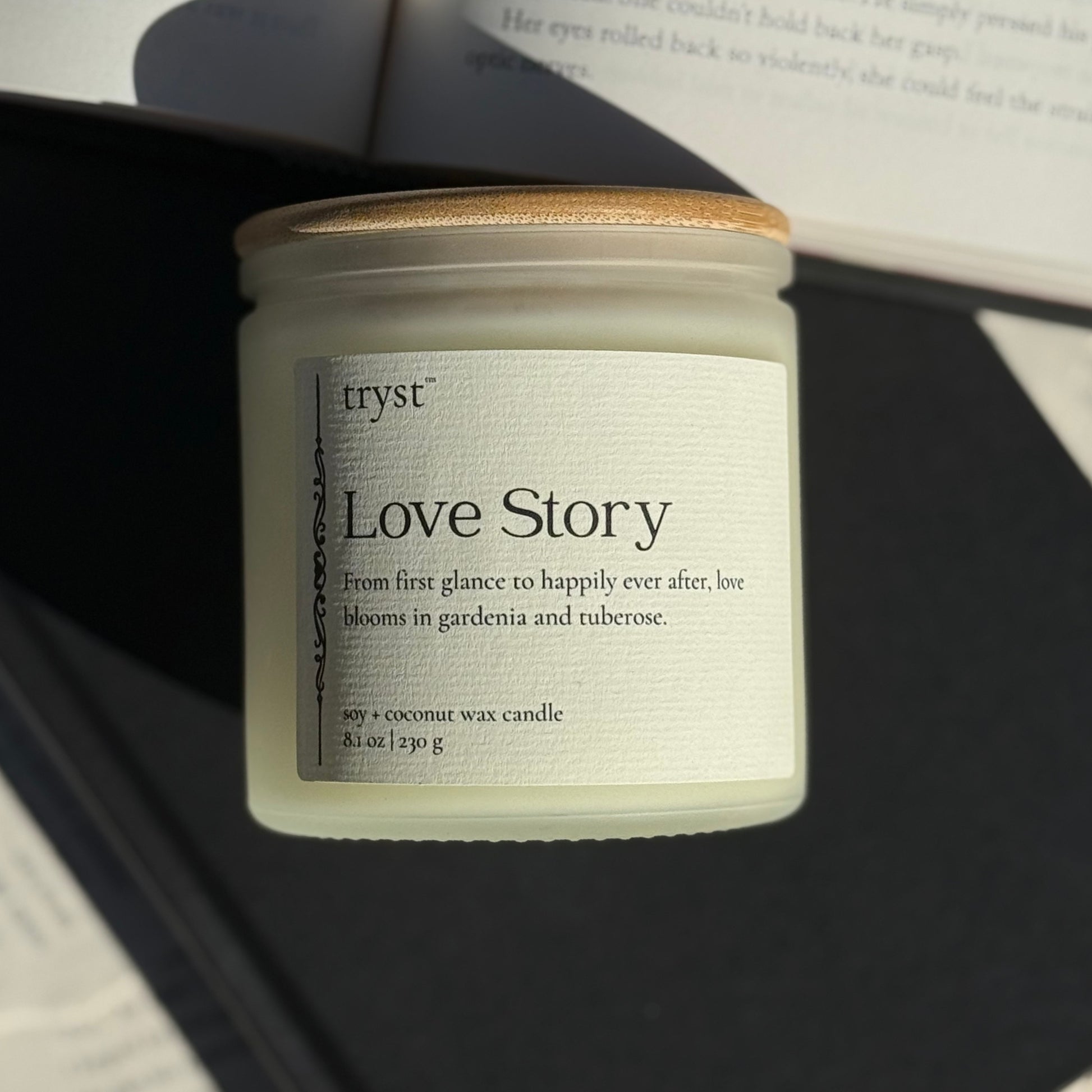 Love Story candle by Tryst Candle House - gardenia and tuberose book-inspired candle for romance readers