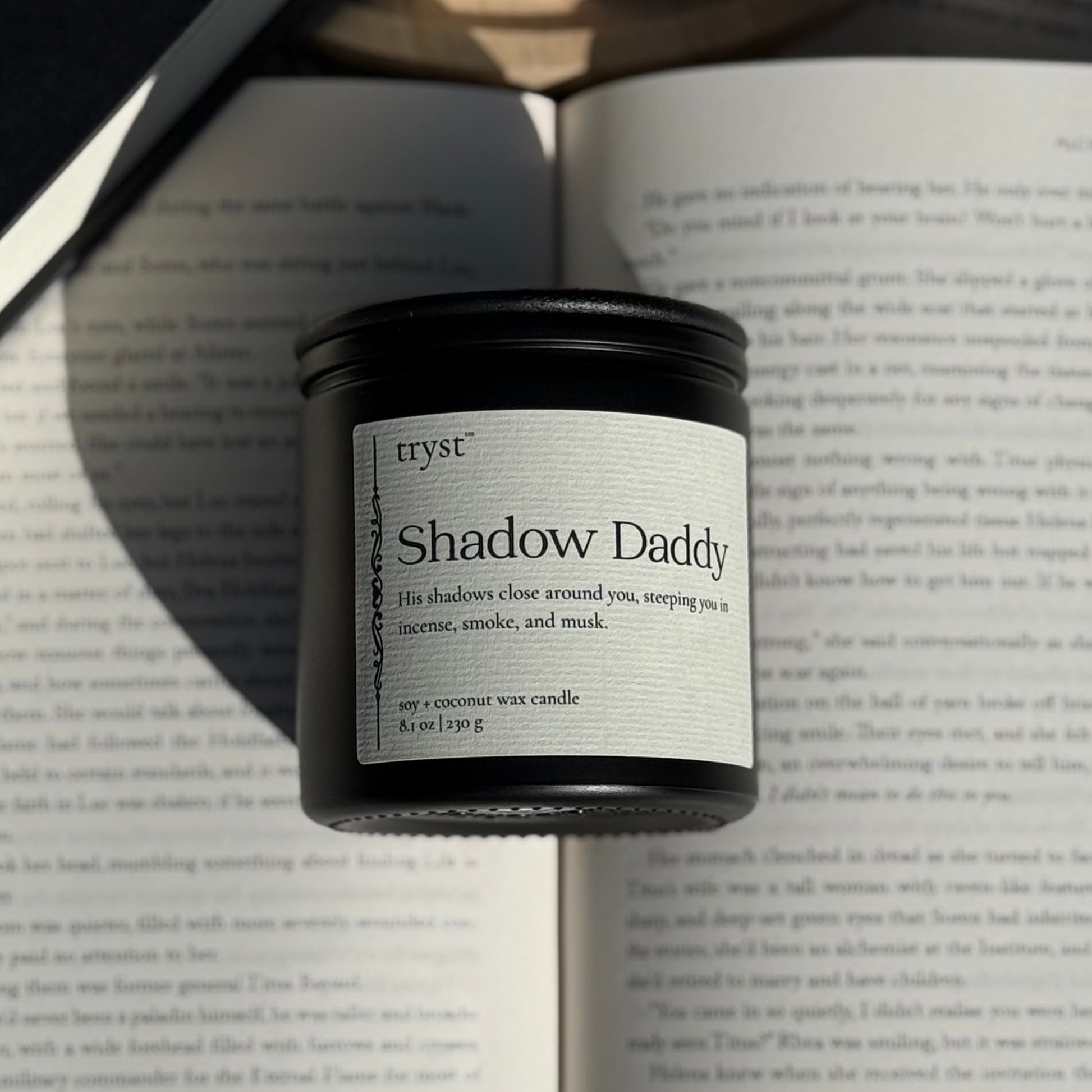 Shadow Daddy candle by Tryst Candle House - incense, smoke, and musk book-inspired candle for fantasy romance readers