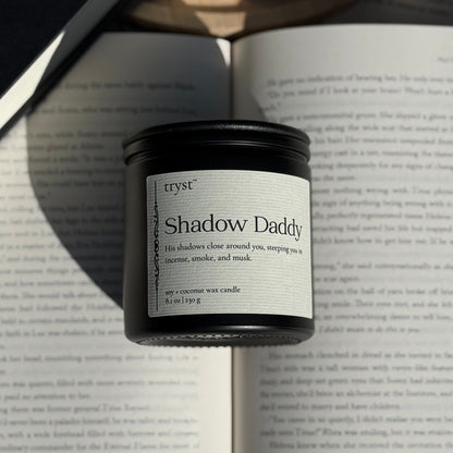 Shadow Daddy candle by Tryst Candle House - incense, smoke, and musk book-inspired candle for fantasy romance readers