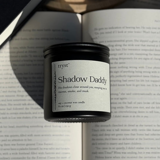 Shadow Daddy candle by Tryst Candle House - incense, smoke, and musk book-inspired candle for fantasy romance readers