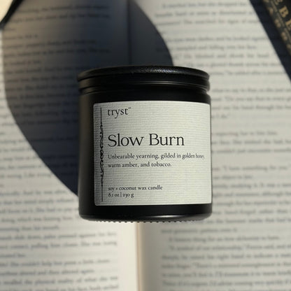 Slow Burn candle by Tryst Candle House - honey, amber, and tobacco book-inspired candle for slow-burn romance readers. 